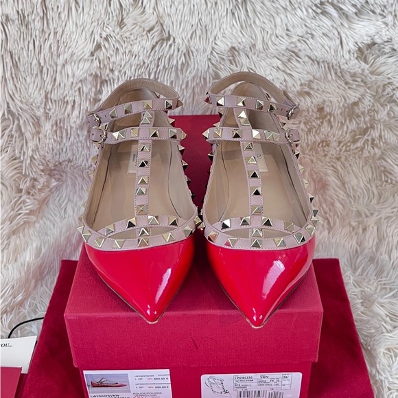 Authentic Valentino Garavani Rockstud Caged Ballet Flats in Patent Leather Red - Picture 2 of 10